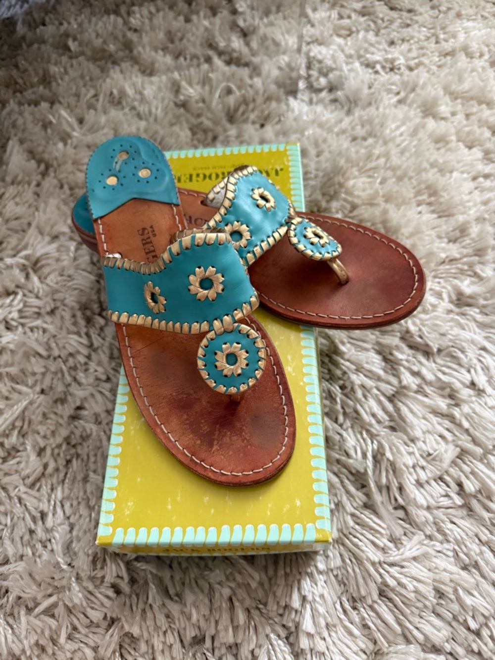 Jack Rogers Turquoise and Gold Leather Sandals. Sz 8 M - Picture 2 of 6